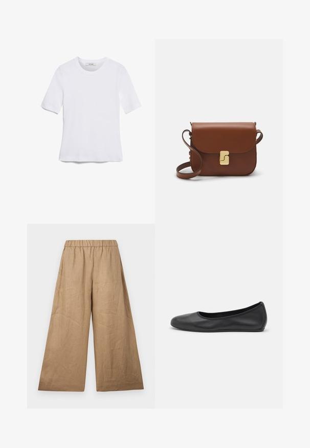 Weißes kurzärmliges T-Shirt aus geripptem Stoff. Runder Halsausschnitt, normale Passform und dezente Nähte. Keine Muster oder Grafiken.; Leinen-Hose mit weitem Bein in einem hellbraunen Farbton, ausgestattet mit einem gerafften elastischen Bund und einer glatten, strukturierten Oberfläche.; Schwarze Leder-Ballettschuhe mit abgerundeter Spitze, glatter Textur, minimalen Nähdetails und einem flexiblen Sohlen-Design.; Braune Ledertasche mit Klappenverschluss, Beschlägen in Goldfarbe, einem Schultergurt und einer glatten Oberfläche. Kompakte rechteckige Form.