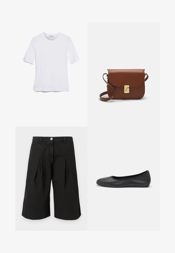 White short-sleeve t-shirt made of ribbed fabric. Round neckline, regular fit, and subtle stitching details. No patterns or graphics.; Black knee-length shorts made from cotton blend fabric. Features pleats, a front button closure, and a classic waistband design.; Black leather ballet flat with a rounded toe, smooth texture, minimal stitching detail, and a flexible sole design.; Brown leather handbag with a flap closure, gold-tone hardware, a shoulder strap, and a smooth texture. Compact rectangular shape.