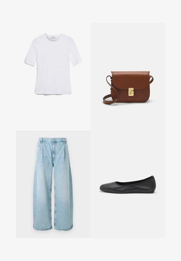 Tricou alb cu mânecă scurtă, confectionat dintr-un material texturat. Gât rotund, tăietură regulară și detalii subtile de cusătură. Fără modele sau grafice.; Pantaloni din denim largi, de culoare albastru deschis, cu plii în față, închidere cu nasture și margini drepte, având o textură decolorată pe întreaga suprafață.; Balerini din piele neagră, cu vârf rotund, textură netedă, detalii de cusătură minimale și un design al tălpii flexibil.; Geantă de piele maro cu închidere tip capac, accesorii de culoare aurie, curea de umăr și o textură netedă. Formă compactă și rectangulară.