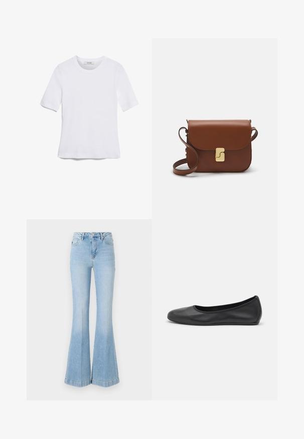 Bela kratka majica s kratkimi rokavi iz rebrastega materiala. Okrogla ovratnica, običajen kroj in subtilni šivi. Brez vzorcev ali grafik.; Svetlo modri široki kavbojki iz denima, z visokim pasom, sprednjimi žepi in rahlim zbledelostjo ter čistim robom.; Črne usnjene balerinke z zaobljenim nosom, gladko teksturo, minimalnimi šivi in fleksibilno zasnovo podplata.; Rjava usnjena torbica s poklopcem, zlato obarvani okovi, naramnica in gladka tekstura. Kompaktna pravokotna oblika.