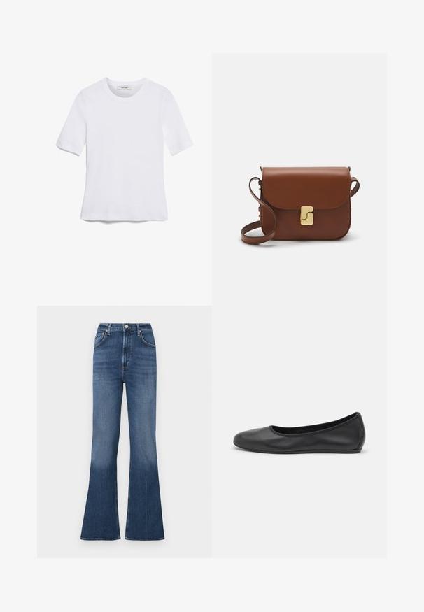 T-shirt bianca a maniche corte realizzata in tessuto a costine. Collo rotondo, vestibilità regolare e dettagli di cucitura sottili. Senza motivi o grafiche.; Jeans a zampa d'elefante in denim blu con vita alta. Presentano cinque tasche, una chiusura con bottone e una leggera sfumatura all'orlo.; Pantofole da balletto nere in pelle con punta arrotondata, texture liscia, dettagli di cucitura minimi e design con suola flessibile.; Borsa a tracolla in pelle marrone con chiusura a pattina, hardware color oro, tracolla e una finitura liscia. Forma rettangolare compatta.