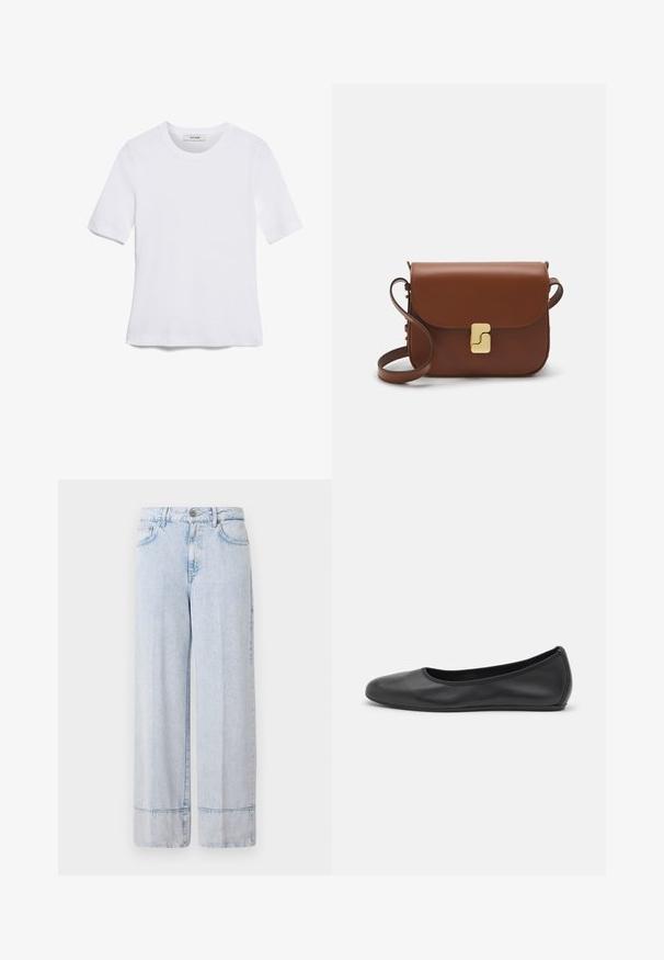 T-shirt bianca a maniche corte realizzata in tessuto a costine. Collo rotondo, vestibilità regolare e dettagli di cucitura sottili. Senza motivi o grafiche.; Pantaloni ampi in denim blu chiaro con vita alta. Presentano una chiusura con bottone e zip, tasche frontali e un orlo grezzo.; Pantofole da balletto nere in pelle con punta arrotondata, texture liscia, dettagli di cucitura minimi e design con suola flessibile.; Borsa a tracolla in pelle marrone con chiusura a pattina, hardware color oro, tracolla e una finitura liscia. Forma rettangolare compatta.