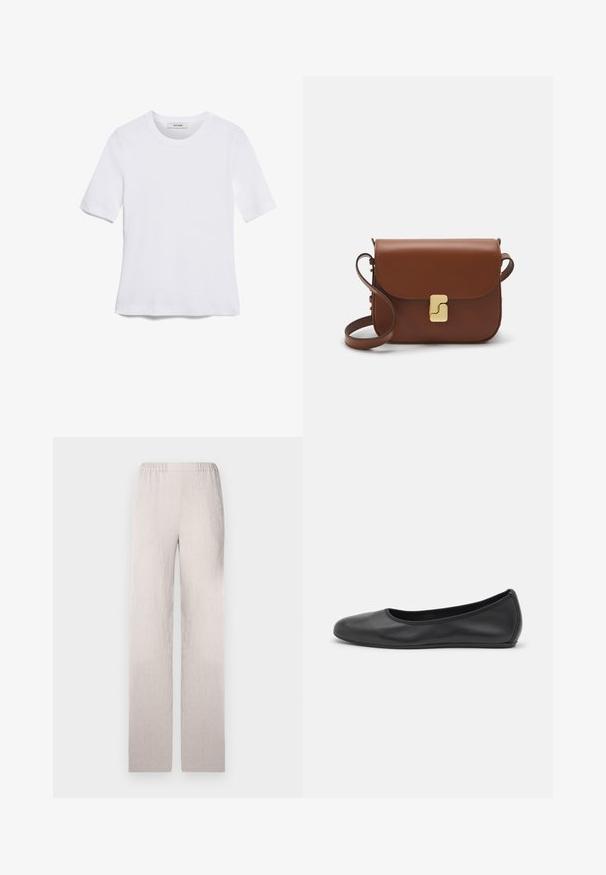 Balta īsām piedurknēm T-krekls, izgatavots no ribota auduma. Apaļš izgriezums, regulāra piegriezuma un diskrēti šuvumu detaļas. Bez printiem vai grafikām.; Gai beigā krāsā plaša kāju bikses, izgatavotas no teksturēta auduma, ar elastīgu jostu un gludu apdari. Pietuvināta, taisna silueta.; Melna ādas baleta kurpe ar noapaļotu purngalu, gludu tekstūru, minimālu šuvju detalizāciju un elastīgu zoles dizainu.; Bordo ādas rokas soma ar atloku, zeltītām detaļām, plecu siksnu un gludu virsmu. Kompakta, taisnstūrveida forma.