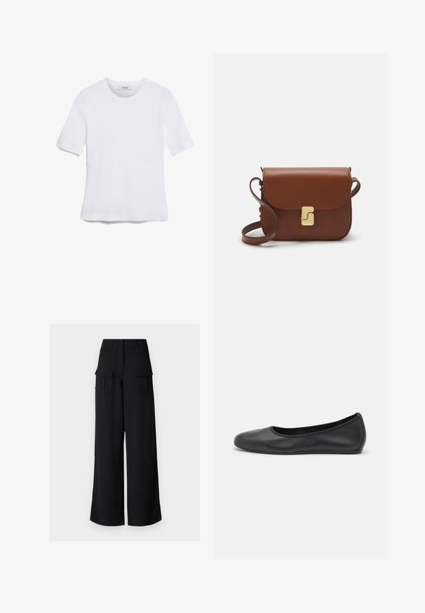 Bela kratka majica s kratkimi rokavi iz rebrastega materiala. Okrogla ovratnica, običajen kroj in subtilni šivi. Brez vzorcev ali grafik.; Črne široke cargo hlače z gladko teksturo, ki imajo dva sprednja žepa in dva velika cargo žepa na bokih.; Črne usnjene balerinke z zaobljenim nosom, gladko teksturo, minimalnimi šivi in fleksibilno zasnovo podplata.; Rjava usnjena torbica s poklopcem, zlato obarvani okovi, naramnica in gladka tekstura. Kompaktna pravokotna oblika.