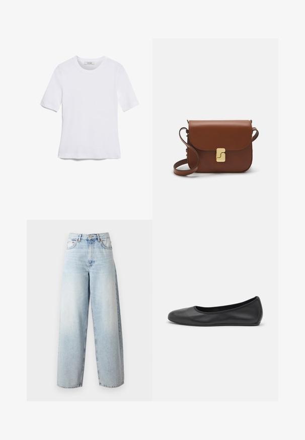 Bílá tričko s krátkým rukávem vyrobené z žebrované tkaniny. Kulatý výstřih, normální střih a jemné detaily šití. Bez vzorů nebo grafik.; Samsøe Samsøe HARPER - Wide leg - frozen snow; Černé kožené baletní byty s kulatou špičkou, hladkou texturou, minimálními švy a flexibilním designem podrážky.; Hnědá kožená kabelka s klopou, zlatými kovovými detaily, ramenním popruhem a hladkým povrchem. Kompaktní obdélníkový tvar.