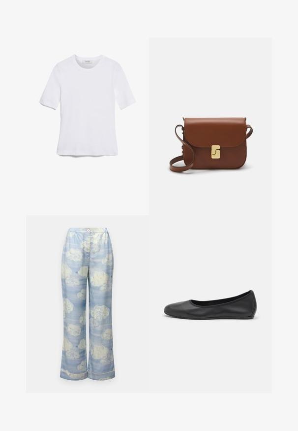T-shirt de manga curta branca feita de tecido canelado. Decote redondo, ajuste regular e detalhes de costura subtis. Sem padrões ou gráficos.; Calças largas de cor azul celeste, feitas de tecido leve, apresentando um padrão de nuvens em brancos suaves e pastéis discretos, com um cós elástico.; Bailarina preta em pele com bico arredondado, textura suave, detalhe de costura minimalista e design de sola flexível.; Bolsa de couro castanho com fecho de aba, decoração em tom dourado, alça de ombro e textura suave. Formato retangular compacto.