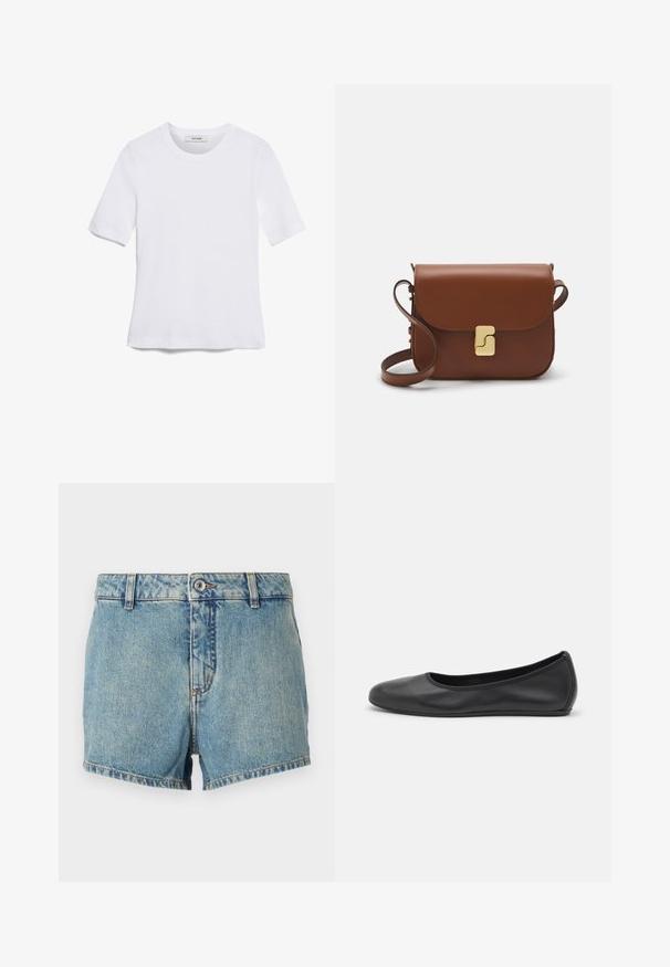 Fehér, rövid ujjú póló ribbed anyagból. Kerek nyakkivágás, normál szabás és diszkrét varrási részletek. Nincsenek minták vagy grafikák.; Világoskék farmer rövidnadrág, kopott hatású textúrával, egyenes szabással és hemzsebekkel. Elöl gombos záródással és klasszikus 5 zsebes kivitelben készült.; Fekete bőr balettcipő lekerekített orral, sima tekstúrával, minimális varrással és rugalmas talp kialakítással.; Barna bőr kézitáska, hajtókás zárással, arany színű fém kiegészítőkkel, vállpánttal és sima felülettel. Kompakt téglalap alakú.