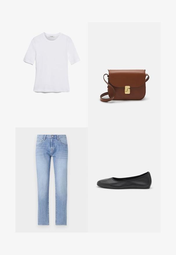 T-shirt de manga curta branca feita de tecido canelado. Decote redondo, ajuste regular e detalhes de costura subtis. Sem padrões ou gráficos.; Blue jeans de ganga claros com um corte reto, design de cinco bolsos e lavagem clara. Apresenta um fecho de botão e passantes de cinto standard.; Bailarina preta em pele com bico arredondado, textura suave, detalhe de costura minimalista e design de sola flexível.; Bolsa de couro castanho com fecho de aba, decoração em tom dourado, alça de ombro e textura suave. Formato retangular compacto.