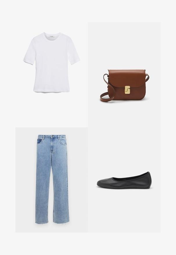 Άσπρο κοντομάνικο μπλουζάκι φτιαγμένο από ριγέ ύφασμα. Στρογγυλή λαιμόκοψη, κανονική εφαρμογή και διακριτές λεπτομέρειες ραφής. Χωρίς σχέδια ή γραφικά.; Ανοιχτό μπλε τζιν παντελόνι με ψηλό ισχύ, σε φαρδιά γραμμή, με κουμπί κλεισίματος, δύο μπροστινές τσέπες και με φθαρμένες άκρες.; Μαύρο δερμάτινο μπαλαρίνι με στρογγυλή μύτη, λεία υφή, ελάχιστες λεπτομέρειες ραφής και σχεδίαση ευέλικτης σόλας.; Καφέ δερμάτινη τσάντα χειρός με κλείσιμο καπάκι, χρυσές λεπτομέρειες, ιμάντα ώμου και λεία υφή. Συμπαγές ορθογώνιο σχήμα.