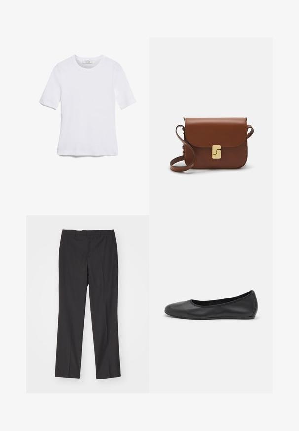Witte korte mouwen t-shirt van ribstof. Ronde halslijn, normale pasvorm en subtiele stiksels. Geen patronen of grafische elementen.; Zwarte op maat gemaakte broek met een rechte pijpdesign, voorzien van riemlussen en een soepele textuur, gemaakt van lichtgewicht stof.; Zwarte leren ballerina met een ronde neus, gladde textuur, minimale stikdetails en een flexibele zoolontwerp.; Bruine leren handtas met een klep sluiting, gouden hardware, een schouderband en een gladde textuur. Compact rechthoekige vorm.