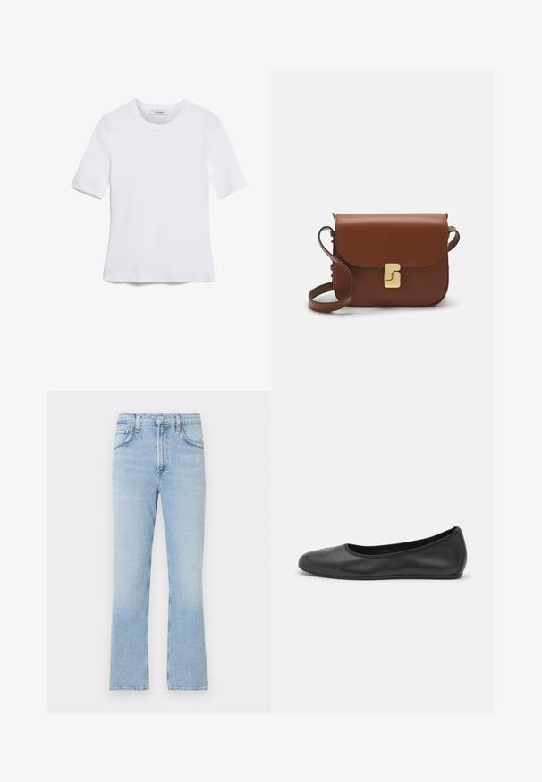 Valkoinen lyhythihainen t-paita, joka on valmistettu ribbytedusta kankaasta. Pyöreä pääntiie, normaali istuvuus ja hienovaraiset ompeluyksityiskohdat. Ei kuvioita tai grafiikkaa.; Vaaleansiniset farkut, joissa on suora lahje, korkea vyötärö ja hienovarainen haalistuminen. Ominaisuuksiin kuuluu klassinen viisi-taskuinen tyyli ja vetoketjukiinnitys.; Musta nahkainen ballerina, jossa on pyöristetty kärki, sileä pinta, minimaalinen ommelkoristelu ja joustava pohjamuotoilu.; Ruskea nahkainen käsilaukku, jossa on läppäkiinnitys, kultasävyiset yksityiskohdat, olkahihna ja sileä pinta. Kompaktin suorakaiteen muotoinen.