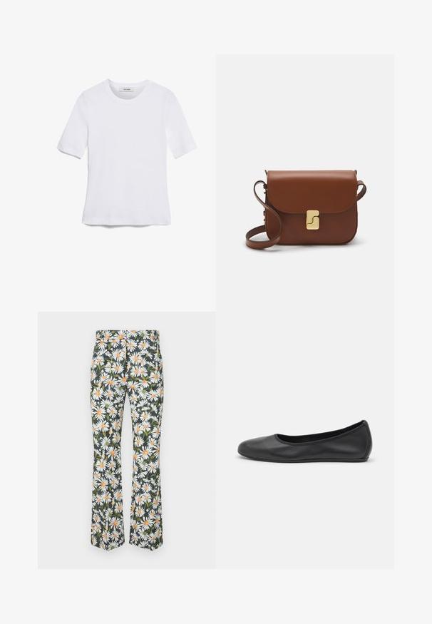 Balta trumpa rankovėmis marškinėliai, pagaminti iš pasiruošusio audinio. Apvali iškirptė, reguliari tinkamumas ir subtilūs siuvimo detalės. Be raštų ar grafikos.; Plati kelnės su gėlių raštu, kuriose esama baltų ramunėlių su oranžiniais viduriais tamsiame fone. Pagamintos iš lengvos medžiagos.; Juodai odiniai baletai su apvaliu pirštu, lygi texture, minimalus siuvimo detales ir lanksčiu padų dizainu.; Ruda odinė rankinė su uždaromu dangteliu, aukso spalvos detalėmis, petneša ir lygiu paviršiumi. Kompaktiška stačiakampio formos.