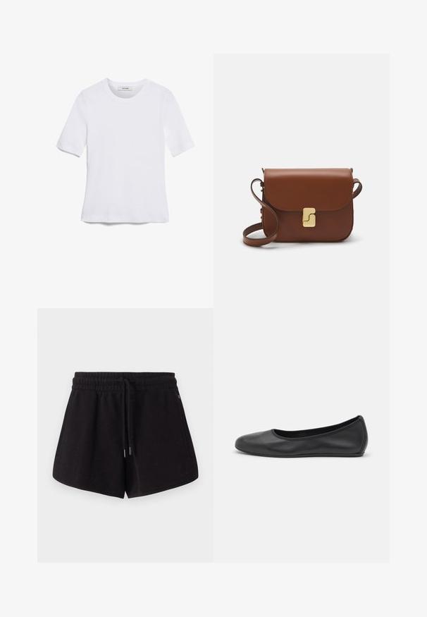 Balta īsām piedurknēm T-krekls, izgatavots no ribota auduma. Apaļš izgriezums, regulāra piegriezuma un diskrēti šuvumu detaļas. Bez printiem vai grafikām.; Melnas sporta bikses, kas izgatavotas no mīkstas auduma. Iezīmēts ar elastīgu jostasvietu ar auklu, sānu kabatām un brīvu piegriezumu.; Melna ādas baleta kurpe ar noapaļotu purngalu, gludu tekstūru, minimālu šuvju detalizāciju un elastīgu zoles dizainu.; Bordo ādas rokas soma ar atloku, zeltītām detaļām, plecu siksnu un gludu virsmu. Kompakta, taisnstūrveida forma.