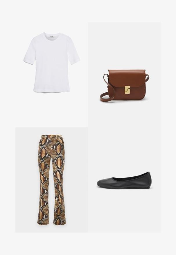 Balta trumpa rankovėmis marškinėliai, pagaminti iš pasiruošusio audinio. Apvali iškirptė, reguliari tinkamumas ir subtilūs siuvimo detalės. Be raštų ar grafikos.; Roberto Cavalli TROUSERS - Prigludę džinsai - brown; Juodai odiniai baletai su apvaliu pirštu, lygi texture, minimalus siuvimo detales ir lanksčiu padų dizainu.; Ruda odinė rankinė su uždaromu dangteliu, aukso spalvos detalėmis, petneša ir lygiu paviršiumi. Kompaktiška stačiakampio formos.