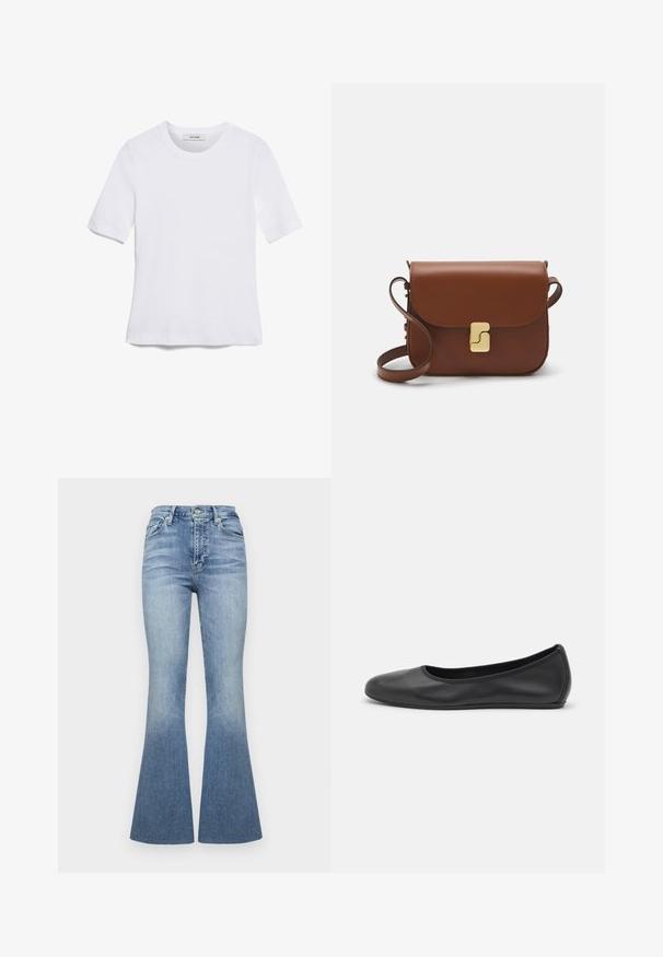T-shirt blanc à manches courtes en tissu côtelé. Col rond, coupe régulière et détails de couture subtils. Aucune motif ni graphique.; Jeans évasés taille haute en jean bleu clair avec un effet dégradé. Comprend cinq poches et un bouton de fermeture à l'avant.; Ballerines en cuir noir avec un bout rond, texture lisse, détails de couture minimalistes et design de semelle flexible.; Sac à main en cuir marron avec une fermeture à rabat, des accents en métal doré, une bandoulière et une texture lisse. Forme rectangulaire compacte.