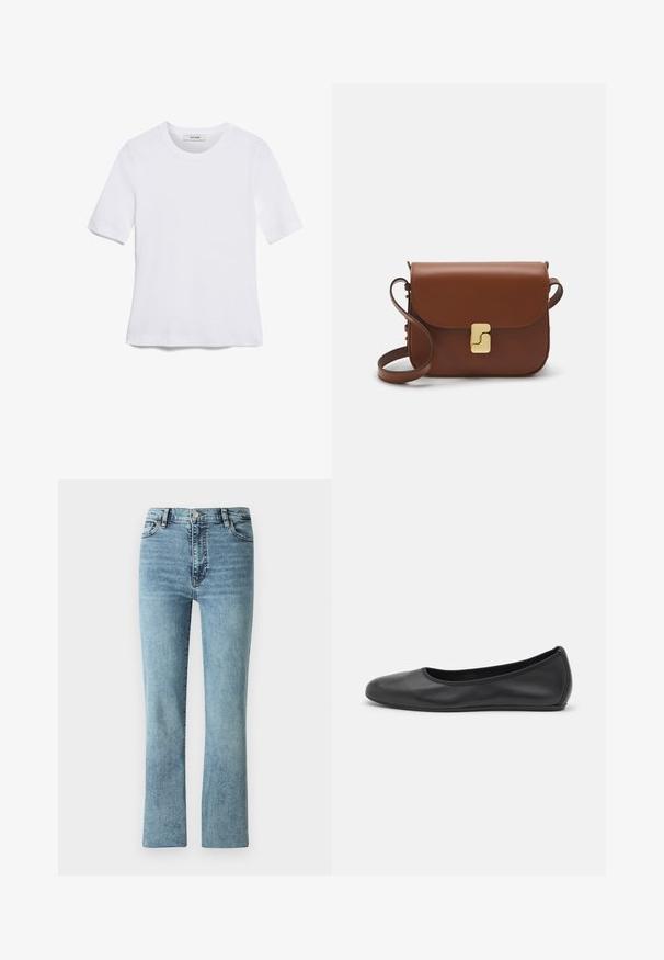 T-shirt bianca a maniche corte realizzata in tessuto a costine. Collo rotondo, vestibilità regolare e dettagli di cucitura sottili. Senza motivi o grafiche.; Jeans in denim blu chiaro con design a gamba dritta, vita alta e un leggero effetto scolorito. Presentano un classico stile a cinque tasche e dettagli in metallo.; Pantofole da balletto nere in pelle con punta arrotondata, texture liscia, dettagli di cucitura minimi e design con suola flessibile.; Borsa a tracolla in pelle marrone con chiusura a pattina, hardware color oro, tracolla e una finitura liscia. Forma rettangolare compatta.
