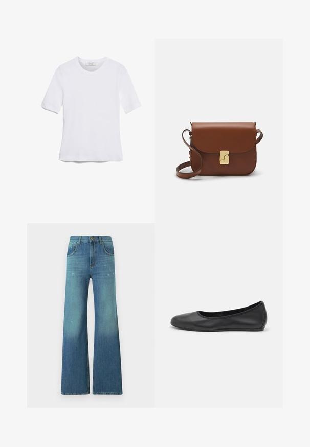 Tricou alb cu mânecă scurtă, confectionat dintr-un material texturat. Gât rotund, tăietură regulară și detalii subtile de cusătură. Fără modele sau grafice.; Jeans din denim albastru cu flared, având un gradient de decolorare deschisă, prezentând un design cu cinci buzunare, fermoar la brâu și detalii cu buton din alamă la talie.; Balerini din piele neagră, cu vârf rotund, textură netedă, detalii de cusătură minimale și un design al tălpii flexibil.; Geantă de piele maro cu închidere tip capac, accesorii de culoare aurie, curea de umăr și o textură netedă. Formă compactă și rectangulară.