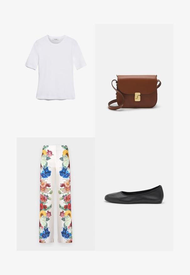 T-shirt bianca a maniche corte realizzata in tessuto a costine. Collo rotondo, vestibilità regolare e dettagli di cucitura sottili. Senza motivi o grafiche.; Alice + Olivia ANDREW BOOTCUT SLIM PANT - Pantaloni - off white; Pantofole da balletto nere in pelle con punta arrotondata, texture liscia, dettagli di cucitura minimi e design con suola flessibile.; Borsa a tracolla in pelle marrone con chiusura a pattina, hardware color oro, tracolla e una finitura liscia. Forma rettangolare compatta.