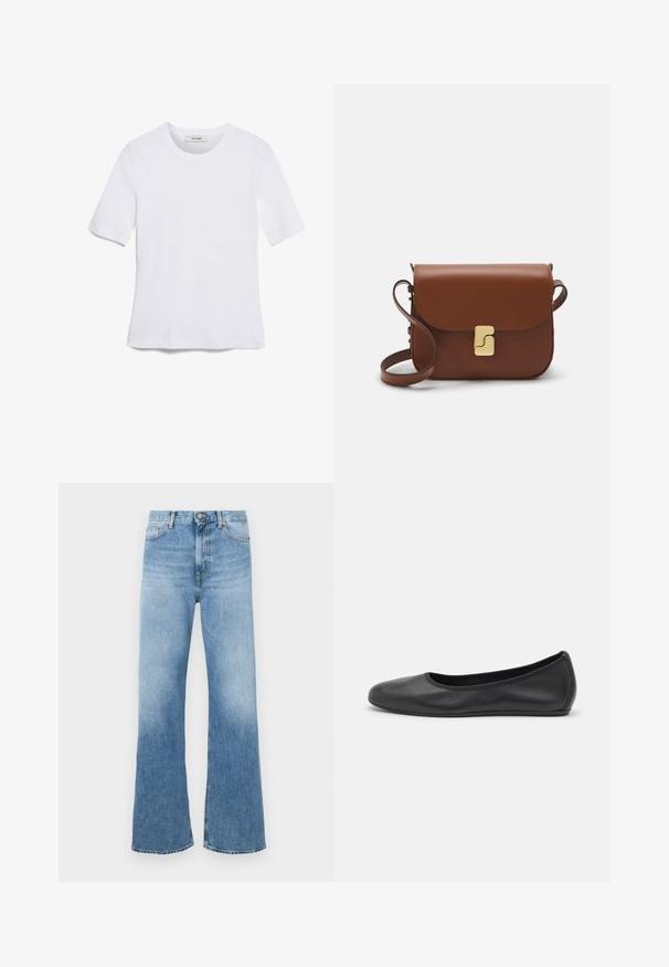 Balta trumpa rankovėmis marškinėliai, pagaminti iš pasiruošusio audinio. Apvali iškirptė, reguliari tinkamumas ir subtilūs siuvimo detalės. Be raštų ar grafikos.; Šviesiai mėlynos plataus kojų džinsai, pagaminti iš džinsinio audinio. Su aukštu liemeniu, penkių kišenių dizainu ir oranžiniais detalėmis. Lygus paviršius.; Juodai odiniai baletai su apvaliu pirštu, lygi texture, minimalus siuvimo detales ir lanksčiu padų dizainu.; Ruda odinė rankinė su uždaromu dangteliu, aukso spalvos detalėmis, petneša ir lygiu paviršiumi. Kompaktiška stačiakampio formos.