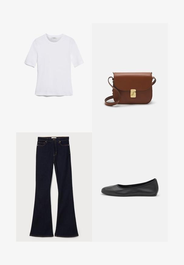 White short-sleeve t-shirt made of ribbed fabric. Round neckline, regular fit, and subtle stitching details. No patterns or graphics.; Dark blue flared jeans made of denim, featuring yellow stitching, front pockets, and a standard waistband with button closure.; Black leather ballet flat with a rounded toe, smooth texture, minimal stitching detail, and a flexible sole design.; Brown leather handbag with a flap closure, gold-tone hardware, a shoulder strap, and a smooth texture. Compact rectangular shape.