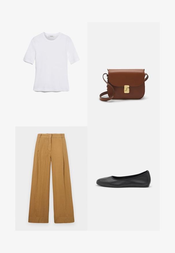 Bijela majica s kratkim rukavima izrađena od rebraste tkanine. Okrugli izrez, klasičan kroj i suptilni detalji šivanja. Bez uzoraka ili grafika.; Hlače širokih nogavica od svijetlosmeđeg tkanja nalik na lan, s ravnim prednjim dijelom, petljama za remen i suptilnom vertikalnom teksturom.; Crne kožne baletanke s zaobljenim vrhom, glatke teksture, minimalnim detaljima šavova i fleksibilnim dizajnom potplata.; Smeđa kožna torba s preklopom, zlatnim detaljima, remenom za nošenje preko ramena i glatkom teksturom. Kompaktni pravokutni oblik.