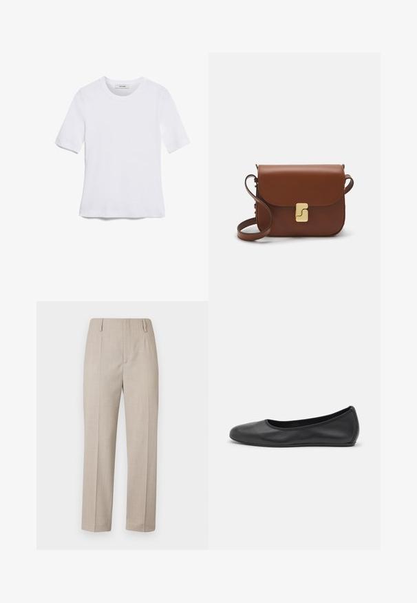 White short-sleeve t-shirt made of ribbed fabric. Round neckline, regular fit, and subtle stitching details. No patterns or graphics.; Beige tailored pants with a straight leg, featuring a smooth texture, two front pleats, and side pockets.; Black leather ballet flat with a rounded toe, smooth texture, minimal stitching detail, and a flexible sole design.; Brown leather handbag with a flap closure, gold-tone hardware, a shoulder strap, and a smooth texture. Compact rectangular shape.