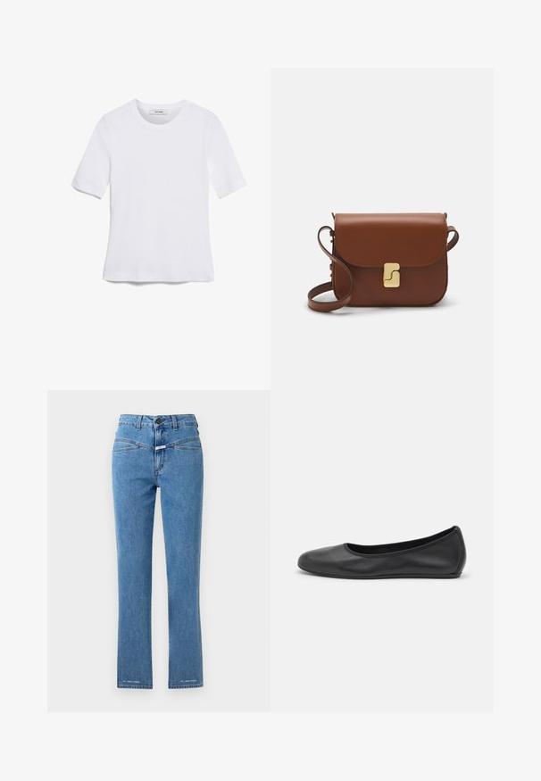 Weißes kurzärmliges T-Shirt aus geripptem Stoff. Runder Halsausschnitt, normale Passform und dezente Nähte. Keine Muster oder Grafiken.; Helle blaue Jeans aus Denim mit geradem Bein, hoher Taille und zwei Vordertaschen. Verfügt über einen Knopfverschluss und Markenakzente nahe dem Saum.; Schwarze Leder-Ballettschuhe mit abgerundeter Spitze, glatter Textur, minimalen Nähdetails und einem flexiblen Sohlen-Design.; Braune Ledertasche mit Klappenverschluss, Beschlägen in Goldfarbe, einem Schultergurt und einer glatten Oberfläche. Kompakte rechteckige Form.