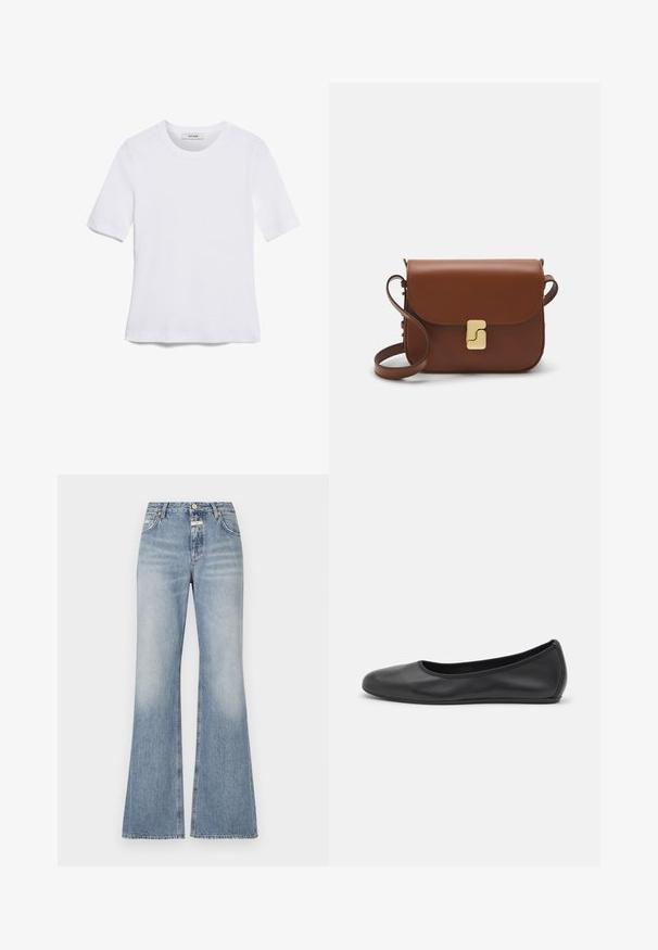 T-shirt de manga curta branca feita de tecido canelado. Decote redondo, ajuste regular e detalhes de costura subtis. Sem padrões ou gráficos.; Jeans flare azul claro em material de denim, com cintura alta, ligeira descoloração na frente e bainha crua nas pernas.; Bailarina preta em pele com bico arredondado, textura suave, detalhe de costura minimalista e design de sola flexível.; Bolsa de couro castanho com fecho de aba, decoração em tom dourado, alça de ombro e textura suave. Formato retangular compacto.