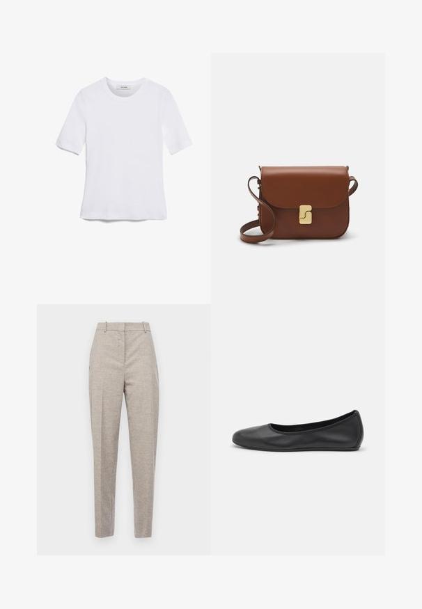 Vit kortärmad t-shirt i ribbat tyg. Rund halsringning, normal passform och diskreta sömdetaljer. Inga mönster eller tryck.; BOSS TABITHA - Tygbyxor - open grey; Svart läderballerinaskor med rund tå, slät yta, minimala söm detaljer och en flexibel sula.; Brun läderhandväska med klaffstängning, guldfärgad hårdvara, axelrem och en slät yta. Kompakt rektangulär form.
