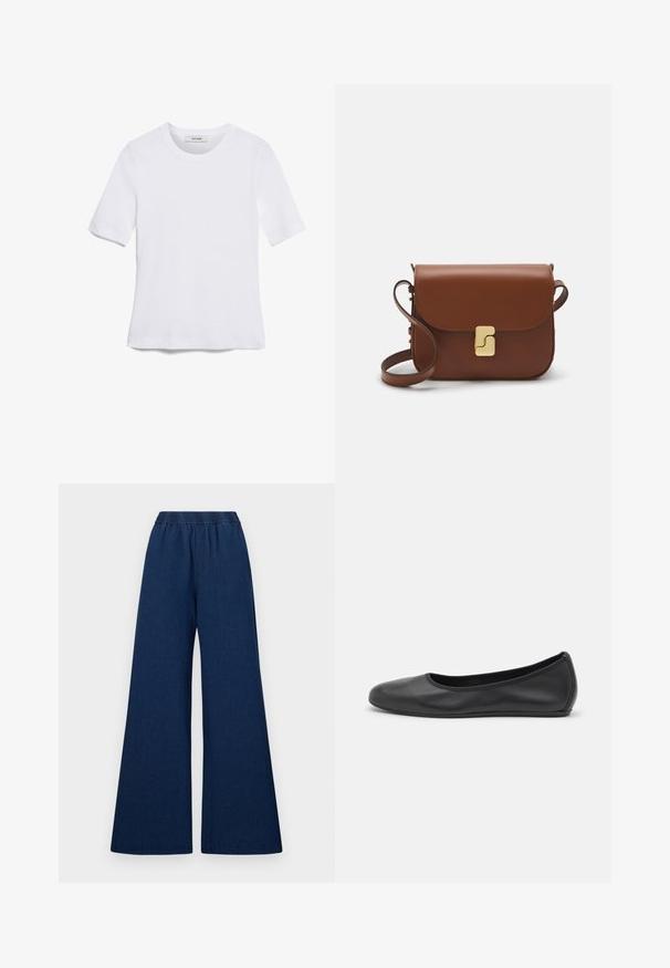 T-shirt de manga curta branca feita de tecido canelado. Decote redondo, ajuste regular e detalhes de costura subtis. Sem padrões ou gráficos.; Calças de ganga de perna larga em azul escuro com uma cintura elástica, apresentando uma textura suave e um design simples.; Bailarina preta em pele com bico arredondado, textura suave, detalhe de costura minimalista e design de sola flexível.; Bolsa de couro castanho com fecho de aba, decoração em tom dourado, alça de ombro e textura suave. Formato retangular compacto.