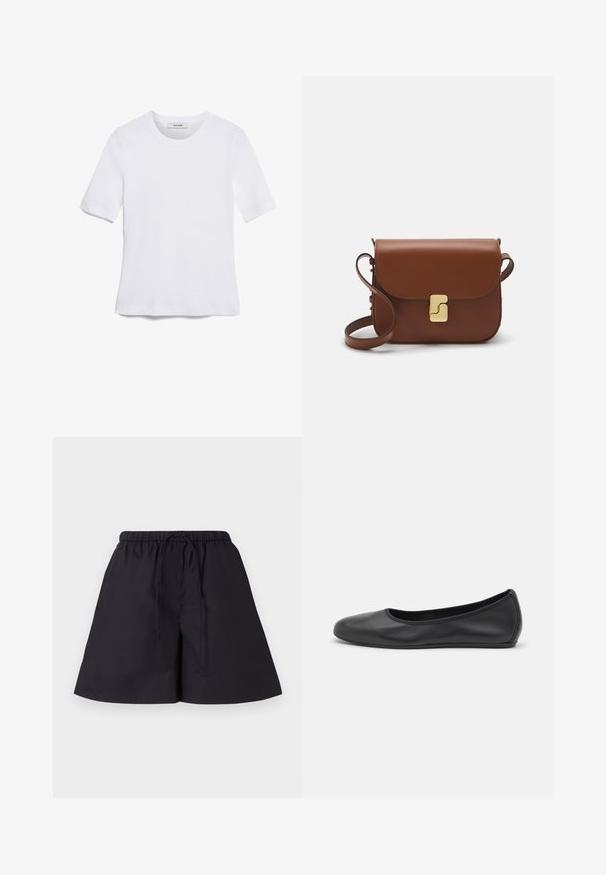 White short-sleeve t-shirt made of ribbed fabric. Round neckline, regular fit, and subtle stitching details. No patterns or graphics.; By Malene Birger FEION - Shorts - black; Black leather ballet flat with a rounded toe, smooth texture, minimal stitching detail, and a flexible sole design.; Brown leather handbag with a flap closure, gold-tone hardware, a shoulder strap, and a smooth texture. Compact rectangular shape.
