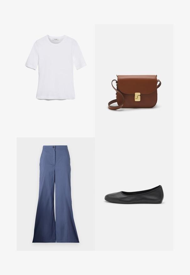 Balta trumpa rankovėmis marškinėliai, pagaminti iš pasiruošusio audinio. Apvali iškirptė, reguliari tinkamumas ir subtilūs siuvimo detalės. Be raštų ar grafikos.; Tamsiai mėlynos pločio kelnes, pagamintos iš lygios medžiagos, su priekiniais mygtukais ir švariomis linijomis, turinčios pritaikytą siluetą visame ilgyje.; Juodai odiniai baletai su apvaliu pirštu, lygi texture, minimalus siuvimo detales ir lanksčiu padų dizainu.; Ruda odinė rankinė su uždaromu dangteliu, aukso spalvos detalėmis, petneša ir lygiu paviršiumi. Kompaktiška stačiakampio formos.