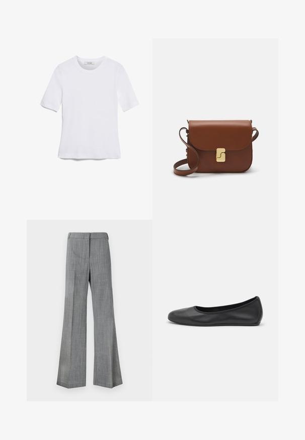 White short-sleeve t-shirt made of ribbed fabric. Round neckline, regular fit, and subtle stitching details. No patterns or graphics.; Gray, wide-legged trousers made from textured fabric, featuring a smooth waistband and a subtle pinstripe pattern.; Black leather ballet flat with a rounded toe, smooth texture, minimal stitching detail, and a flexible sole design.; Brown leather handbag with a flap closure, gold-tone hardware, a shoulder strap, and a smooth texture. Compact rectangular shape.