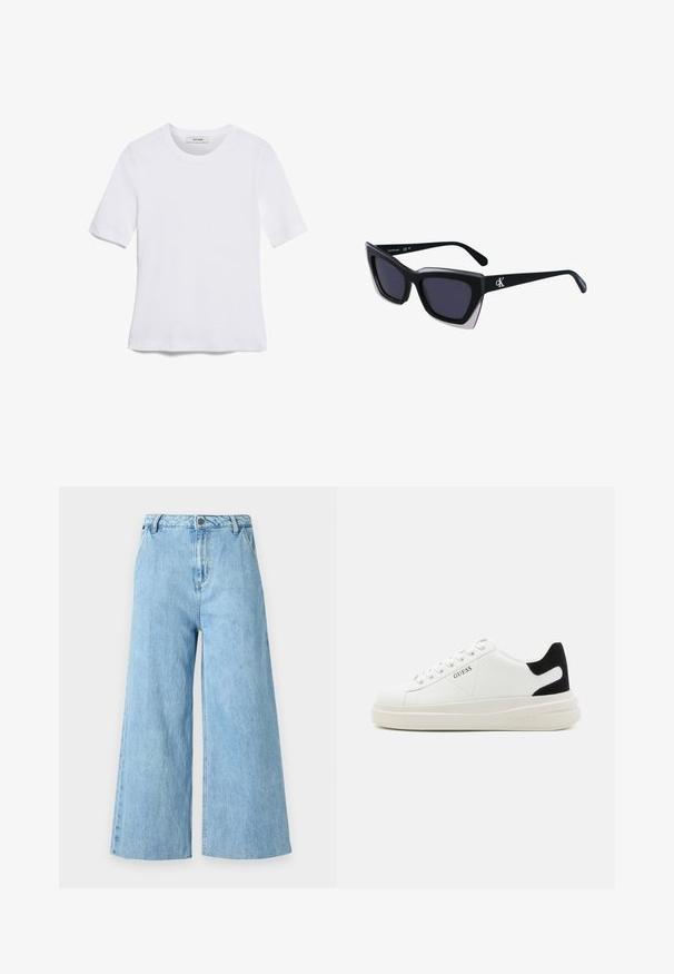 Balta īsām piedurknēm T-krekls, izgatavots no ribota auduma. Apaļš izgriezums, regulāra piegriezuma un diskrēti šuvumu detaļas. Bez printiem vai grafikām.; Gaiši zilas platās džinsa bikses, kurām ir augsta josta, priekšējās kabatas un tīras malās bez rotājumiem.; Baltas ādas sporta apavi ar biezu balto zoli, melna zamša uzpura un izspiestais logotips sānos. Šņorējuma dizains ar sešiem acu caurumiem.; Melni pārmēru saulesbrilles ar ģeometrisku formu, kas aprīkotas ar tumšiem stikliem un kontrastējošu pelēku akcentu uz rāmja. Logo uz kājas.