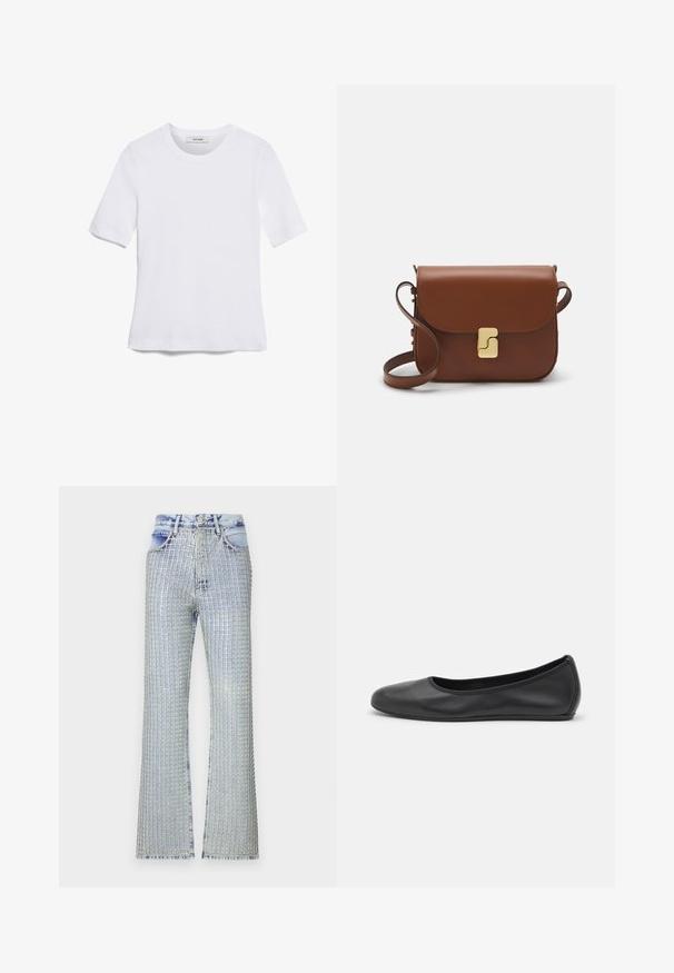 Biela krátka tričko s krátkymi rukávmi vyrobené z rebrovanej látky. Klasický okrúhly výstrih, bežný strih a jemné švy. Bez vzorov alebo grafiky.; Svetlomodré denimové rozšírené jeansy s mriežkovým vzorom strieborných ozdôb, s vysokým pásom a rozstrapkaným lemom.; Čierne kožené baleríny s okrúhlou špičkou, hladkým povrchom, minimálnym prešívaním a flexibilným dizajnom podrážky.; Hnedá kožená kabelka s klopou, zlatými kovovými prvkami, ramenným popruhom a hladkým povrchom. Kompaktný obdĺžnikový tvar.