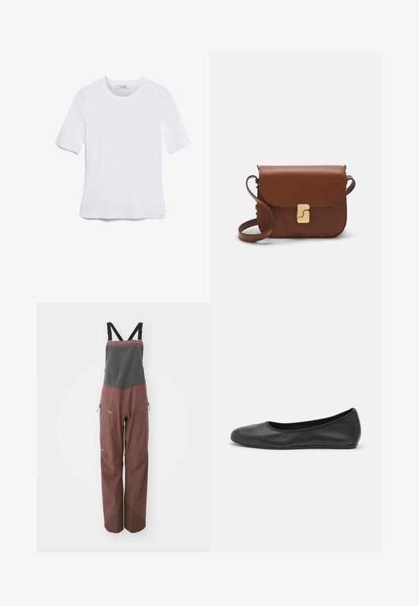 Witte korte mouwen t-shirt van ribstof. Ronde halslijn, normale pasvorm en subtiele stiksels. Geen patronen of grafische elementen.; Patagonia SNOWDRIFTER BIBS - Skibroek - dulse mauve; Zwarte leren ballerina met een ronde neus, gladde textuur, minimale stikdetails en een flexibele zoolontwerp.; Bruine leren handtas met een klep sluiting, gouden hardware, een schouderband en een gladde textuur. Compact rechthoekige vorm.