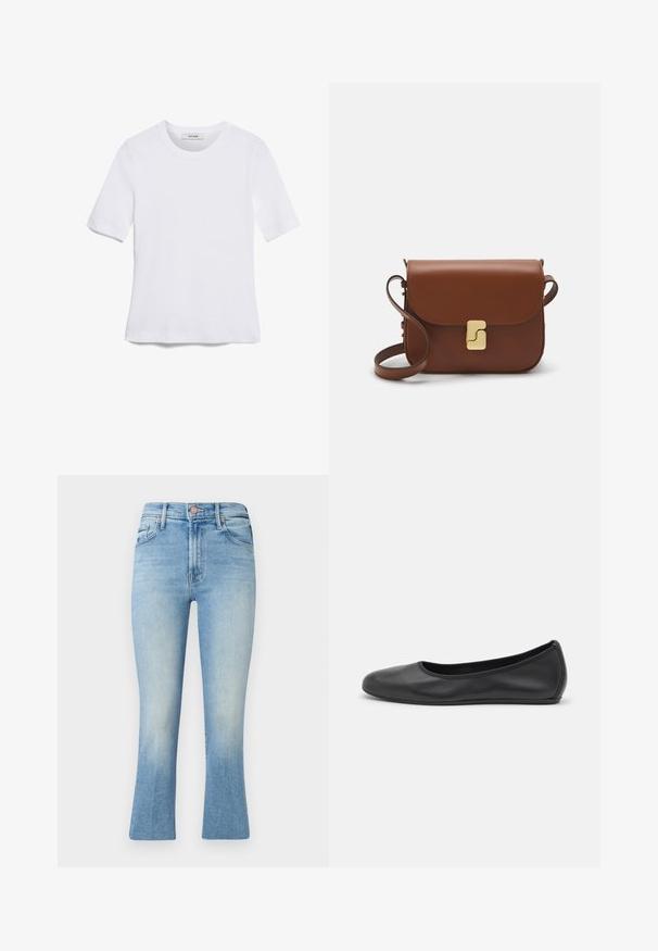 Bijela majica s kratkim rukavima izrađena od rebraste tkanine. Okrugli izrez, klasičan kroj i suptilni detalji šivanja. Bez uzoraka ili grafika.; Svijetloplave traperice s visokim strukom, dizajnom s izrezima nogavica i suptilnim izbljeđivanjem. Imaju klasične džepove i metalnu kopču.; Crne kožne baletanke s zaobljenim vrhom, glatke teksture, minimalnim detaljima šavova i fleksibilnim dizajnom potplata.; Smeđa kožna torba s preklopom, zlatnim detaljima, remenom za nošenje preko ramena i glatkom teksturom. Kompaktni pravokutni oblik.