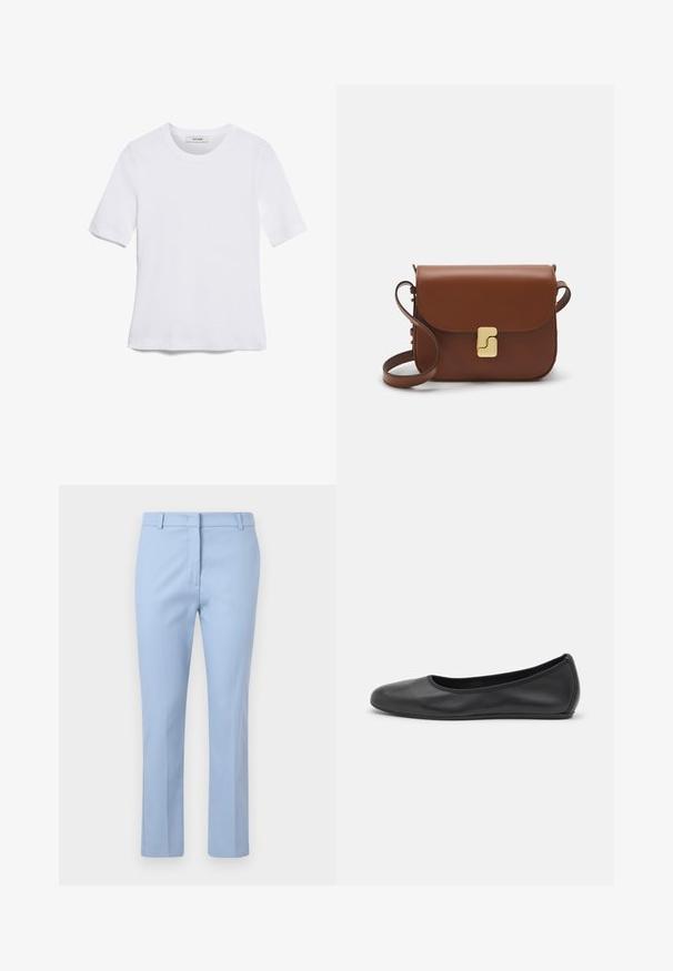 Witte korte mouwen t-shirt van ribstof. Ronde halslijn, normale pasvorm en subtiele stiksels. Geen patronen of grafische elementen.; Lichtblauwe op maat gemaakte broeken met een vlakke voorkant, twee zijzakken en een slim fit ontwerp met een zachte textuur.; Zwarte leren ballerina met een ronde neus, gladde textuur, minimale stikdetails en een flexibele zoolontwerp.; Bruine leren handtas met een klep sluiting, gouden hardware, een schouderband en een gladde textuur. Compact rechthoekige vorm.