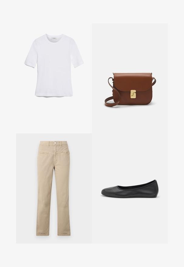 Witte korte mouwen t-shirt van ribstof. Ronde halslijn, normale pasvorm en subtiele stiksels. Geen patronen of grafische elementen.; Beige katoenen broek met een rechte pijp, met een knoopsluiting aan de voorkant, twee voortassen en subtiele stikdetails.; Zwarte leren ballerina met een ronde neus, gladde textuur, minimale stikdetails en een flexibele zoolontwerp.; Bruine leren handtas met een klep sluiting, gouden hardware, een schouderband en een gladde textuur. Compact rechthoekige vorm.