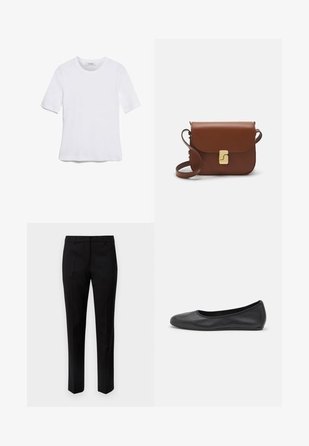 White short-sleeve t-shirt made of ribbed fabric. Round neckline, regular fit, and subtle stitching details. No patterns or graphics.; WEEKEND MaxMara CANON - Trousers - nero; Black leather ballet flat with a rounded toe, smooth texture, minimal stitching detail, and a flexible sole design.; Brown leather handbag with a flap closure, gold-tone hardware, a shoulder strap, and a smooth texture. Compact rectangular shape.