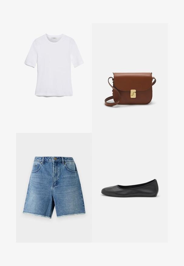 Valkoinen lyhythihainen t-paita, joka on valmistettu ribbytedusta kankaasta. Pyöreä pääntiie, normaali istuvuus ja hienovaraiset ompeluyksityiskohdat. Ei kuvioita tai grafiikkaa.; Vaaleansiniset farkkushortsit, joissa on korkea vyötärö, nappikiinnitys, etutaskut ja risat reunat rennon istuvuuden saavuttamiseksi.; Musta nahkainen ballerina, jossa on pyöristetty kärki, sileä pinta, minimaalinen ommelkoristelu ja joustava pohjamuotoilu.; Ruskea nahkainen käsilaukku, jossa on läppäkiinnitys, kultasävyiset yksityiskohdat, olkahihna ja sileä pinta. Kompaktin suorakaiteen muotoinen.