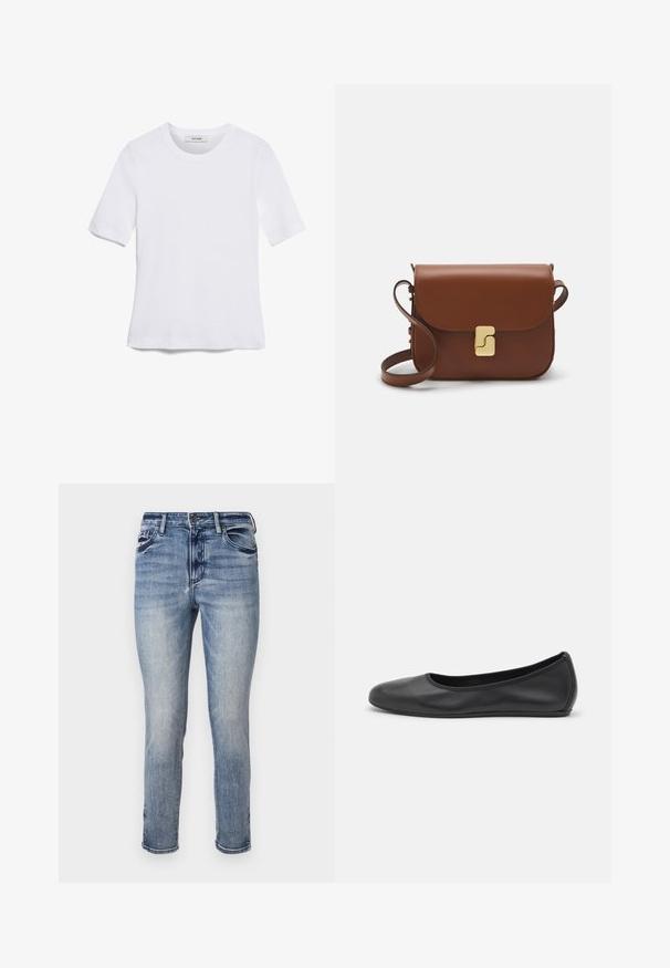 Balta trumpa rankovėmis marškinėliai, pagaminti iš pasiruošusio audinio. Apvali iškirptė, reguliari tinkamumas ir subtilūs siuvimo detalės. Be raštų ar grafikos.; Šviesiai mėlyni džinsai su lieknu kirpimu, penkiomis kišenėmis, užtrauktuku ir šiek tiek išblukę šlaunų srityje. Kulkšnies ilgis su tvarkingu apdaila.; Juodai odiniai baletai su apvaliu pirštu, lygi texture, minimalus siuvimo detales ir lanksčiu padų dizainu.; Ruda odinė rankinė su uždaromu dangteliu, aukso spalvos detalėmis, petneša ir lygiu paviršiumi. Kompaktiška stačiakampio formos.