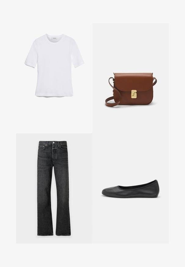 Witte korte mouwen t-shirt van ribstof. Ronde halslijn, normale pasvorm en subtiele stiksels. Geen patronen of grafische elementen.; Zwarte denimjeans met een rechte pijp, voorzien van koperen accenten, een klassiek vijf-pocket ontwerp en een licht vervaagde textuur.; Zwarte leren ballerina met een ronde neus, gladde textuur, minimale stikdetails en een flexibele zoolontwerp.; Bruine leren handtas met een klep sluiting, gouden hardware, een schouderband en een gladde textuur. Compact rechthoekige vorm.