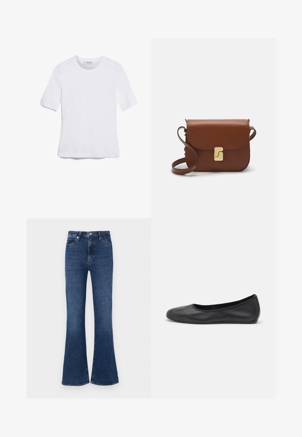 White short-sleeve t-shirt made of ribbed fabric. Round neckline, regular fit, and subtle stitching details. No patterns or graphics.; Dark blue flared jeans made of denim, featuring a high waist, standard five-pocket design, and subtle stitching accents.; Black leather ballet flat with a rounded toe, smooth texture, minimal stitching detail, and a flexible sole design.; Brown leather handbag with a flap closure, gold-tone hardware, a shoulder strap, and a smooth texture. Compact rectangular shape.