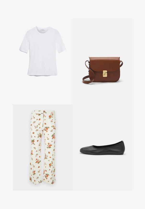 T-shirt blanc à manches courtes en tissu côtelé. Col rond, coupe régulière et détails de couture subtils. Aucune motif ni graphique.; Pantalons floraux en tissu léger, avec une base blanc cassé ornée de motifs de roses roses et orange, coupe droite, et deux poches arrière.; Ballerines en cuir noir avec un bout rond, texture lisse, détails de couture minimalistes et design de semelle flexible.; Sac à main en cuir marron avec une fermeture à rabat, des accents en métal doré, une bandoulière et une texture lisse. Forme rectangulaire compacte.