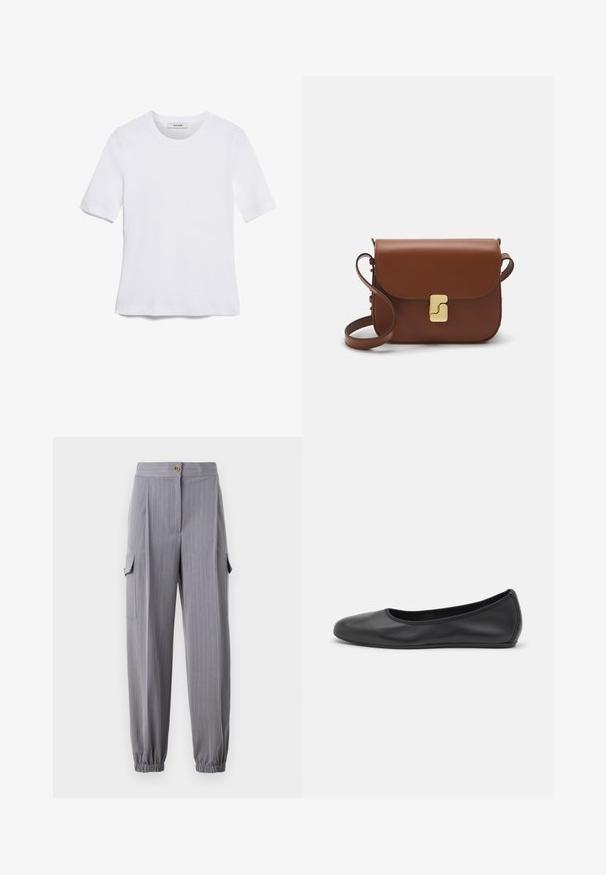Witte korte mouwen t-shirt van ribstof. Ronde halslijn, normale pasvorm en subtiele stiksels. Geen patronen of grafische elementen.; Grijze pantalon met streepdessin, elastische boorden en twee zijvakken. Voorzien van een knoopsluiting en een getailleerd ontwerp.; Zwarte leren ballerina met een ronde neus, gladde textuur, minimale stikdetails en een flexibele zoolontwerp.; Bruine leren handtas met een klep sluiting, gouden hardware, een schouderband en een gladde textuur. Compact rechthoekige vorm.