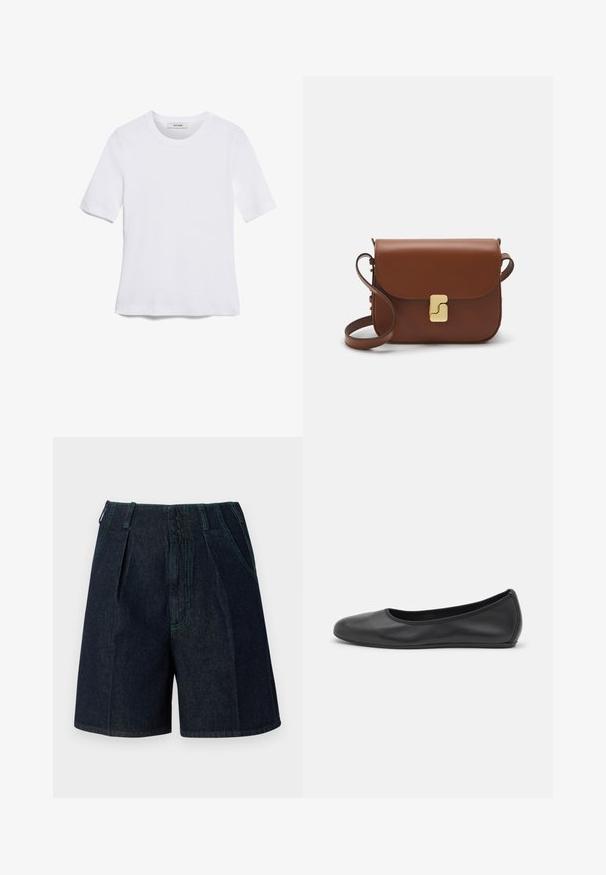 Bílá tričko s krátkým rukávem vyrobené z žebrované tkaniny. Kulatý výstřih, normální střih a jemné detaily šití. Bez vzorů nebo grafik.; Džínové šortky s tmavým umytím, s plisováním, bočními kapsami a kontrastním zeleným stehem podél švů.; Černé kožené baletní byty s kulatou špičkou, hladkou texturou, minimálními švy a flexibilním designem podrážky.; Hnědá kožená kabelka s klopou, zlatými kovovými detaily, ramenním popruhem a hladkým povrchem. Kompaktní obdélníkový tvar.