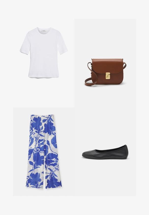 Balta īsām piedurknēm T-krekls, izgatavots no ribota auduma. Apaļš izgriezums, regulāra piegriezuma un diskrēti šuvumu detaļas. Bez printiem vai grafikām.; Platas kājas bikses vieglā audumā ar zilu ziedu rakstu uz balta fona. Elastīga josta ērtībai.; Melna ādas baleta kurpe ar noapaļotu purngalu, gludu tekstūru, minimālu šuvju detalizāciju un elastīgu zoles dizainu.; Bordo ādas rokas soma ar atloku, zeltītām detaļām, plecu siksnu un gludu virsmu. Kompakta, taisnstūrveida forma.