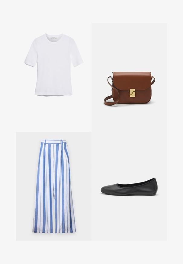 Biała koszulka krótki rękaw wykonana z materiału prążkowanego. Okrągły dekolt, regularny krój i subtelne detale szwów. Bez wzorów ani grafik.; MILLE CARA niebieski; Czarne skórzane baletki z zaokrąglonym noskiem, gładką fakturą, minimalnymi przeszyciami i elastycznym designem podeszwy.; Brązowa skórzana torebka na ramię z klapką, złotymi detalami, paskiem na ramię i gładką teksturą. Kompaktowy prostokątny kształt.