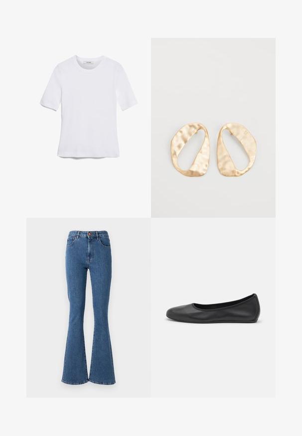 Valkoinen lyhythihainen t-paita, joka on valmistettu ribbytedusta kankaasta. Pyöreä pääntiie, normaali istuvuus ja hienovaraiset ompeluyksityiskohdat. Ei kuvioita tai grafiikkaa.; Korkeavyötäröiset siniset farkut, joissa on leveä lahje. Sisältää viisi taskua ja etupainon kiinnityksen. Saumojen koristeompeleet.; Musta nahkainen ballerina, jossa on pyöristetty kärki, sileä pinta, minimaalinen ommelkoristelu ja joustava pohjamuotoilu.; Pari epämuodostuneita soikeita kultasävyisiä metallikorvakoruja, joissa on teksturoitu, hieman hakattu pinta valkoista taustaa vasten.